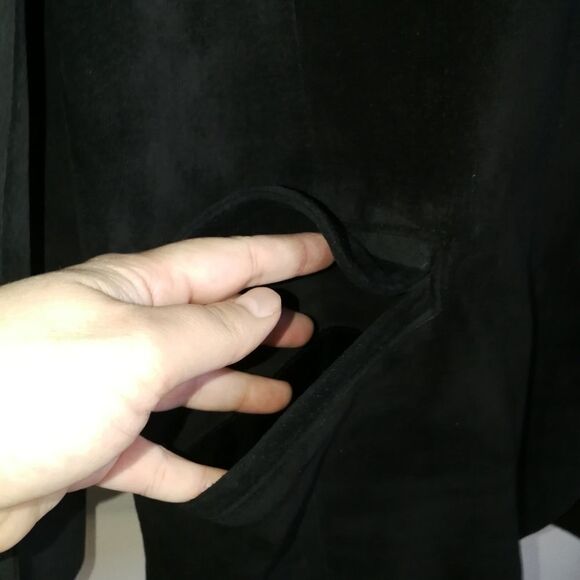 Vintage 80s Black Suede Leather Blazer & Knee Length Skirt 2 Piece Skirt Suit M - Picture 12 of 16